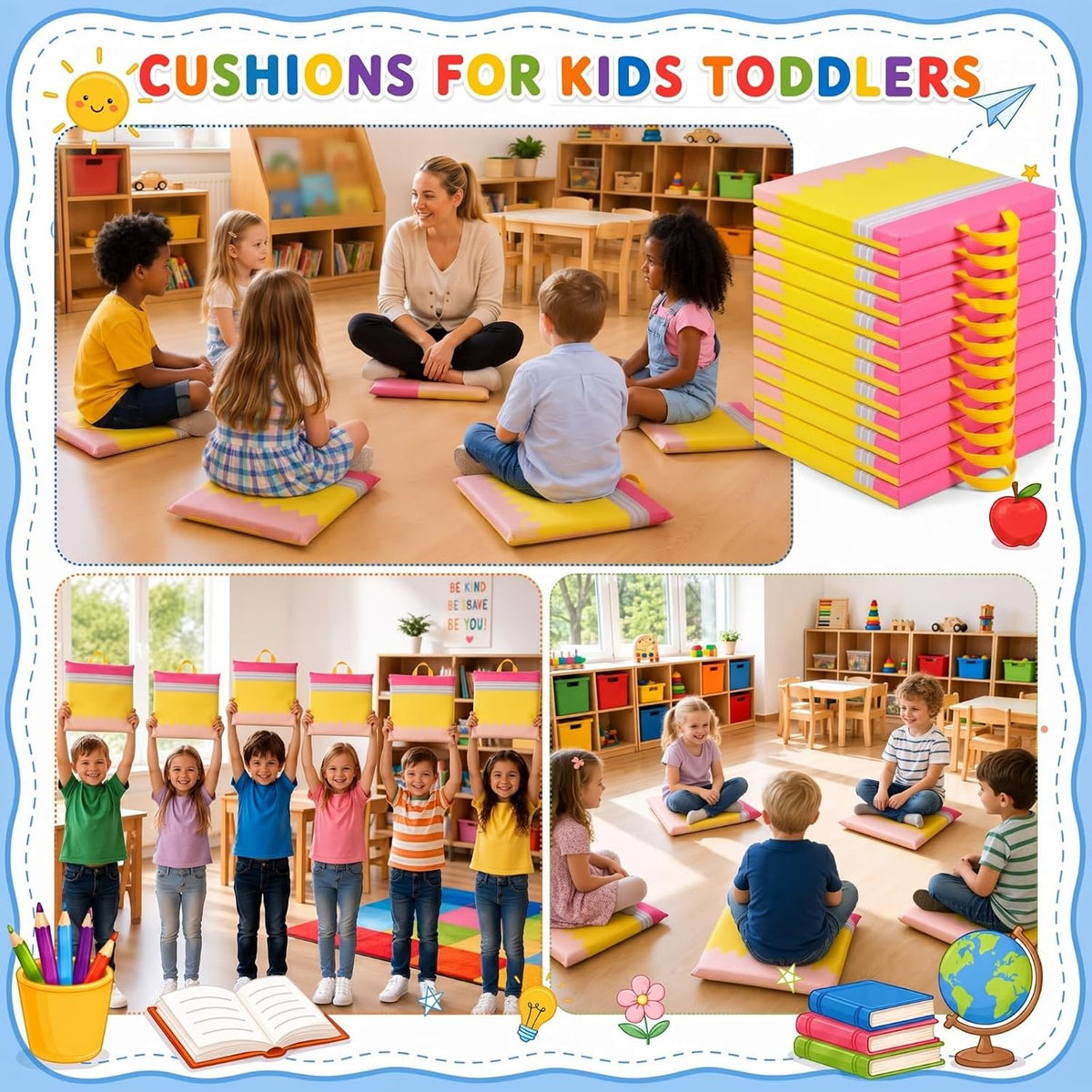 Beeveer 12 Pcs 12'' Floor Cushions with Handle for Kids Classroom Flexible Seating Floor Pillow Waterproof Cushions Seating for Toddlers Daycare Nursery Preschool School Home (Pencil,Yellow)