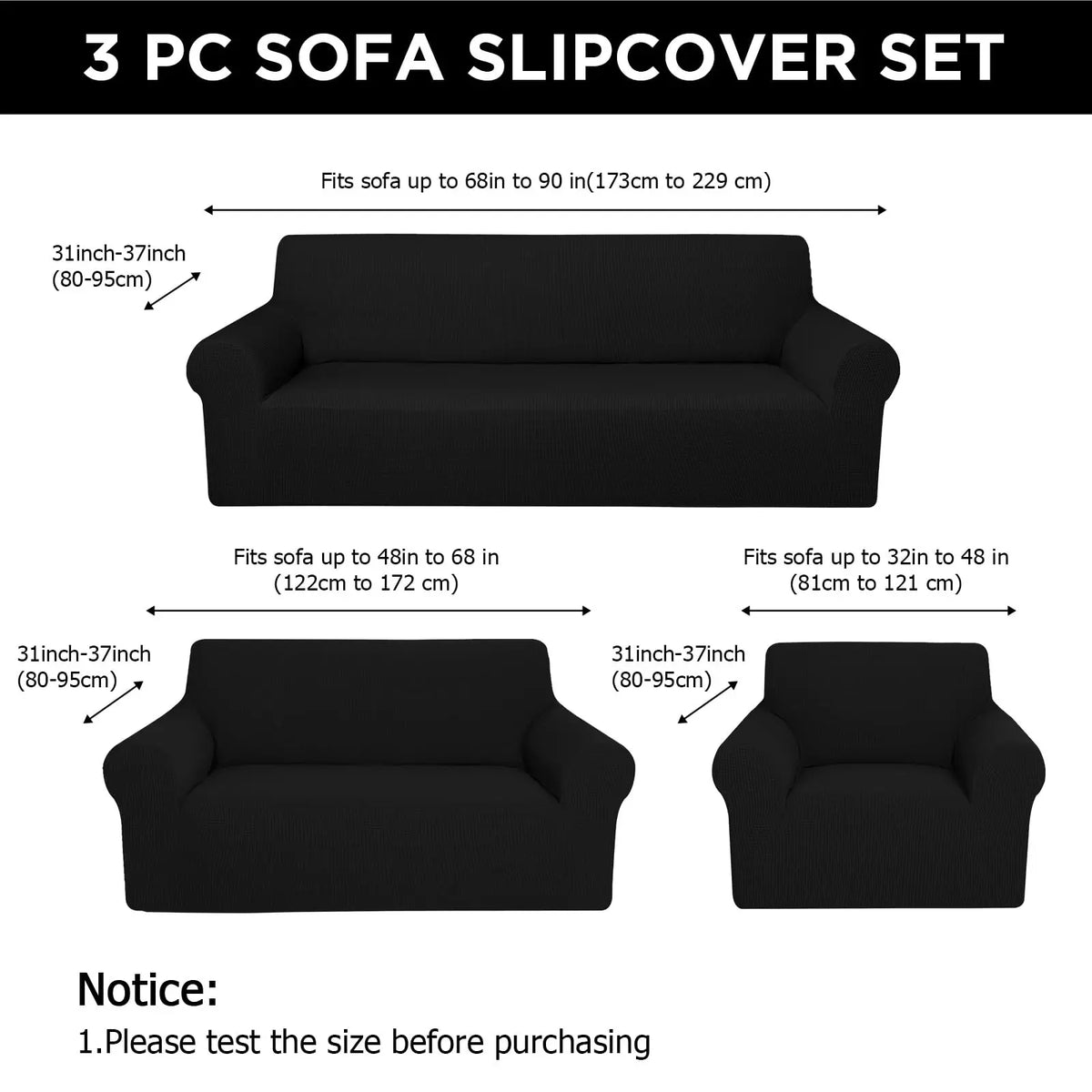 Classic 3-Pc Stretch Universal Sofa Protector Set - 3-Seater Couch Cover for Sofa with Armchair Covers, Anti-Slip Elastic Polyester-Spandex, Skin-Friendly Full Coverage, Wrinkle Resistant, Machine Washable, All-Season, Local Warehouse Gift for Parents, 3-
