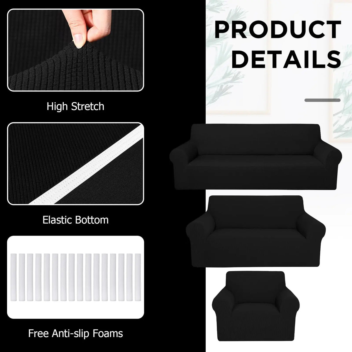 Classic 3-Pc Stretch Universal Sofa Protector Set - 3-Seater Couch Cover for Sofa with Armchair Covers, Anti-Slip Elastic Polyester-Spandex, Skin-Friendly Full Coverage, Wrinkle Resistant, Machine Washable, All-Season, Local Warehouse Gift for Parents, 3-