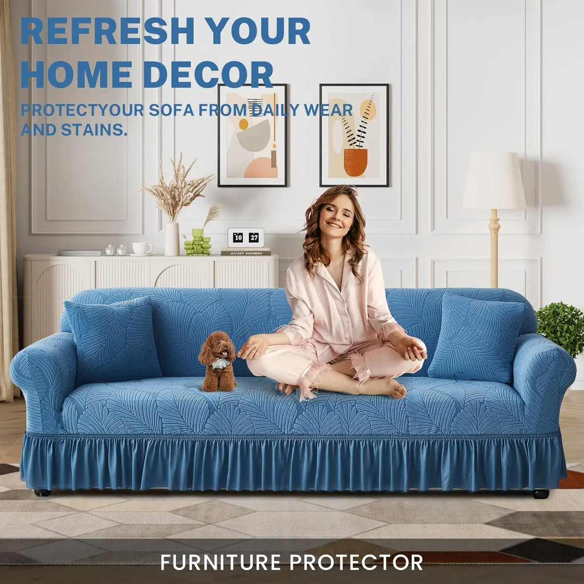 Raybee 1-4 Seat Elastic Sofa Protector Cover with Skirt, Fully Covered Dustproof Sofa Couch Bench Cover, Pet Friendly Stretch Slip Cover Durable Stretchable Sofa Protection Ideas, Machine Washable Universal Furniture Protector, Living Room