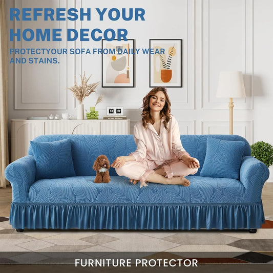 Raybee 1-4 Seat Elastic Sofa Protector Cover with Skirt, Fully Covered Dustproof Sofa Couch Bench Cover, Pet Friendly Stretch Slip Cover Durable Stretchable Sofa Protection Ideas, Machine Washable Universal Furniture Protector, Living Room