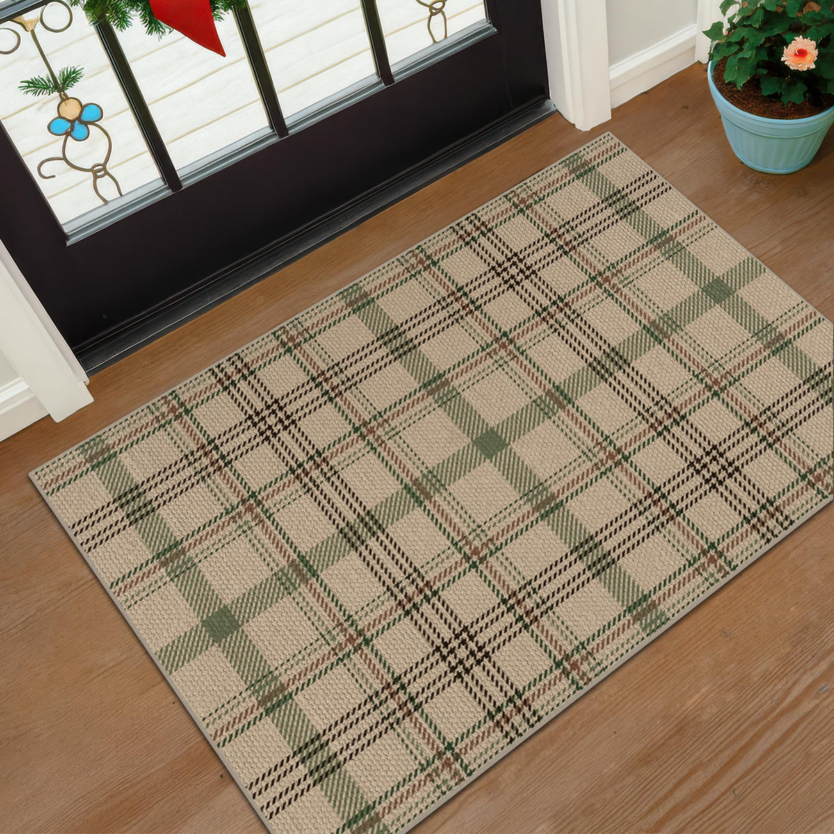 JTJ Easy Jute 3x5 Outdoor Rug for Front Porch, Washable Sage Green Plaid
