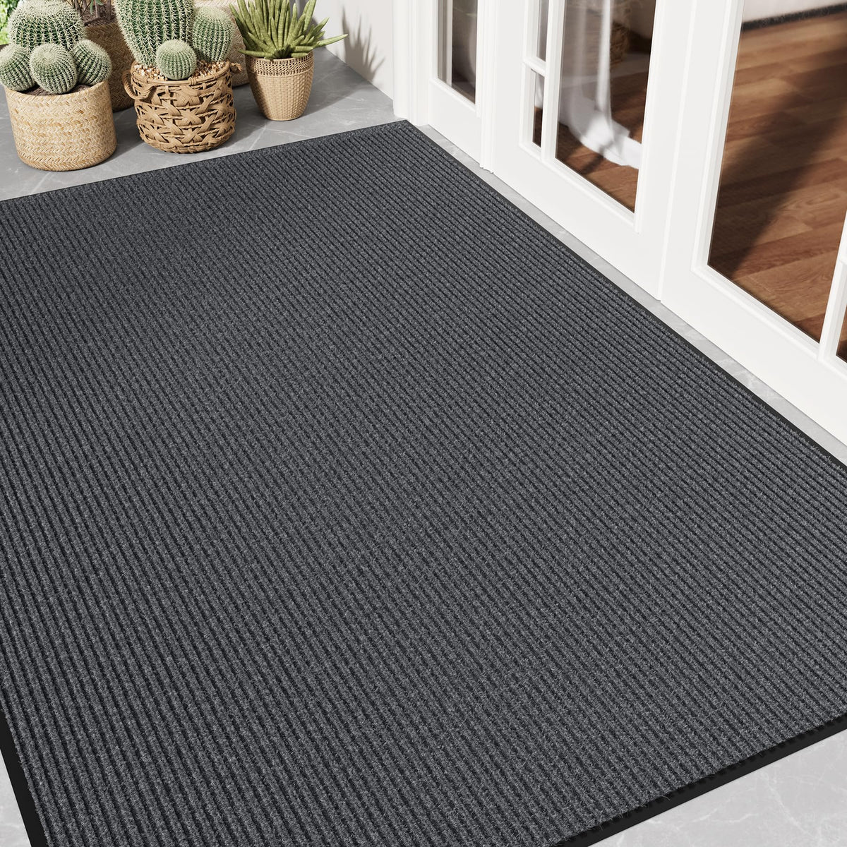 Front Door Mat, 3' x 5' Heavy Duty Door Mat Outside Entrance, Non-Slip Welcome Mat, Absorbent & Dirt Resistant, Low Profile Large Door Mats, Commercial Rugs for Entryway Indoor Outdoor, Grey