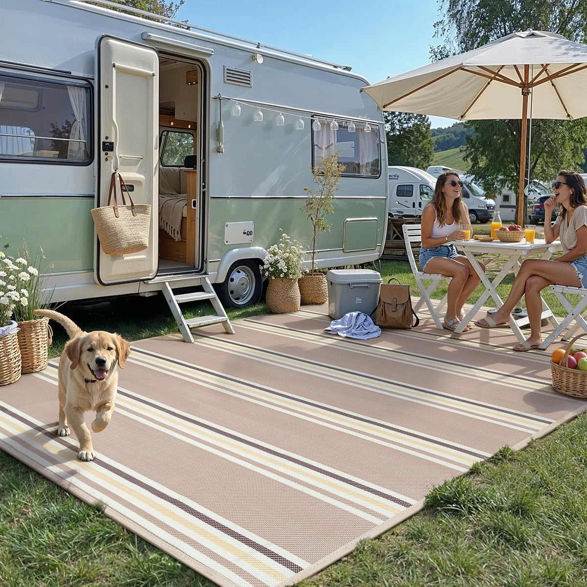 PureCozy 10x14 Outdoor Rug Black Beige Geometric