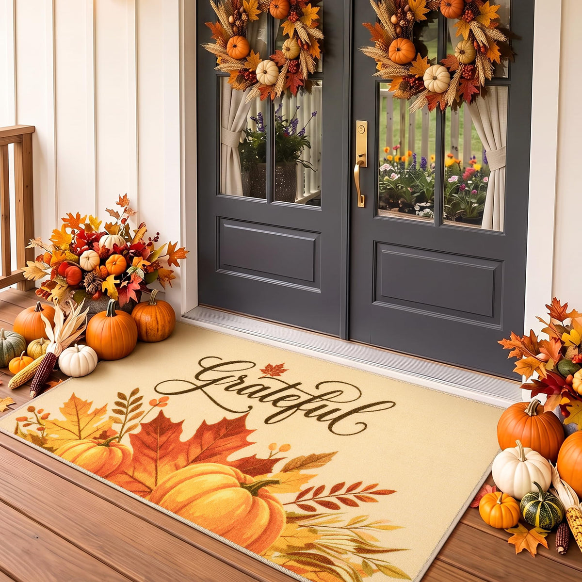 Fall Front Door Mat 3'x5', Hello Pumpkin Welcome Mat for Porch Rugs