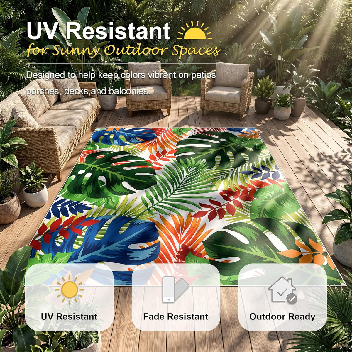 Arenarug 8x10 Monstera Tropical Outdoor Rug Waterproof, Colorful