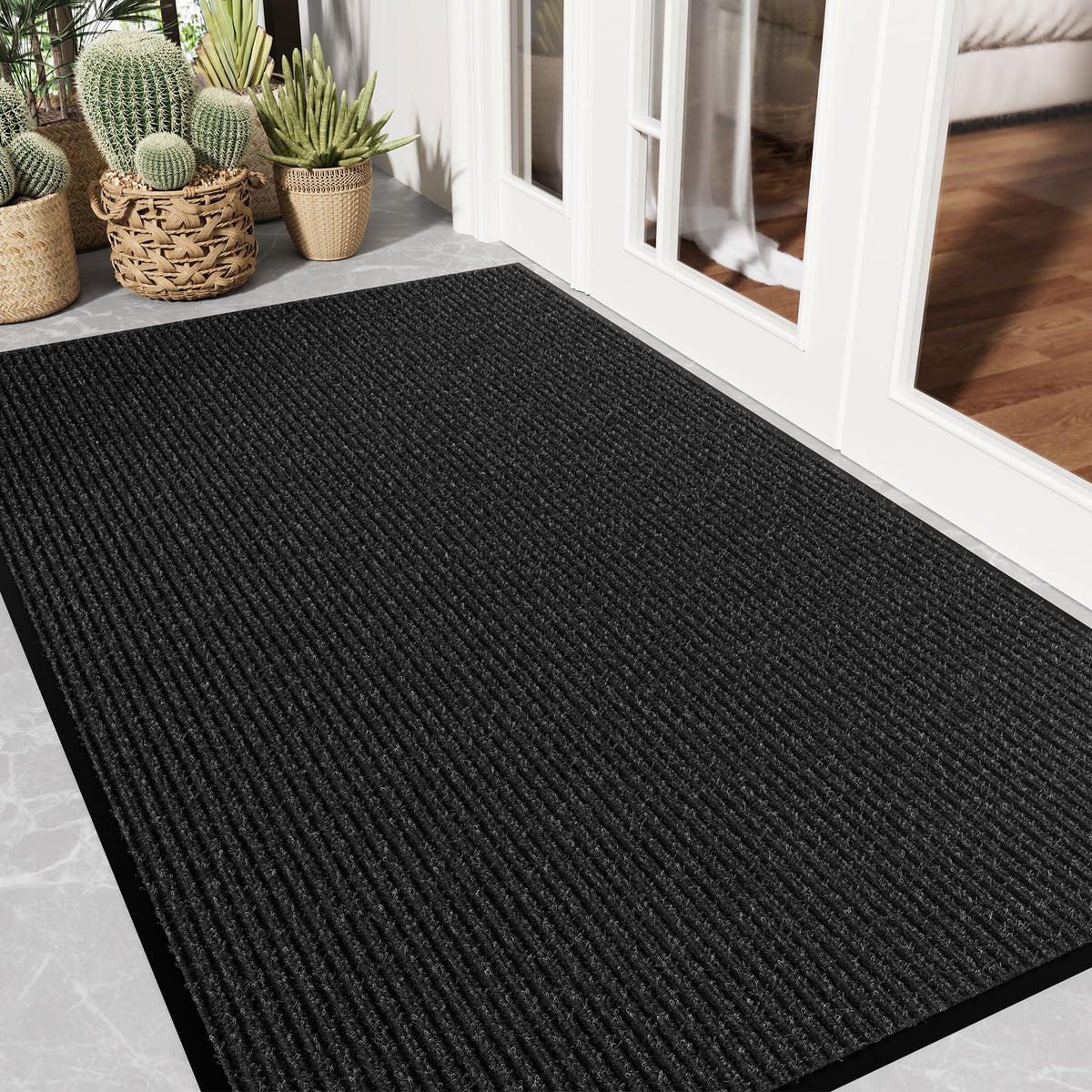 Front Door Mat, 3' x 5' Heavy Duty Door Mat Outside Entrance, Non-Slip Welcome Mat, Absorbent & Dirt Resistant, Low Profile Large Door Mats, Commercial Rugs for Entryway Indoor Outdoor, Grey
