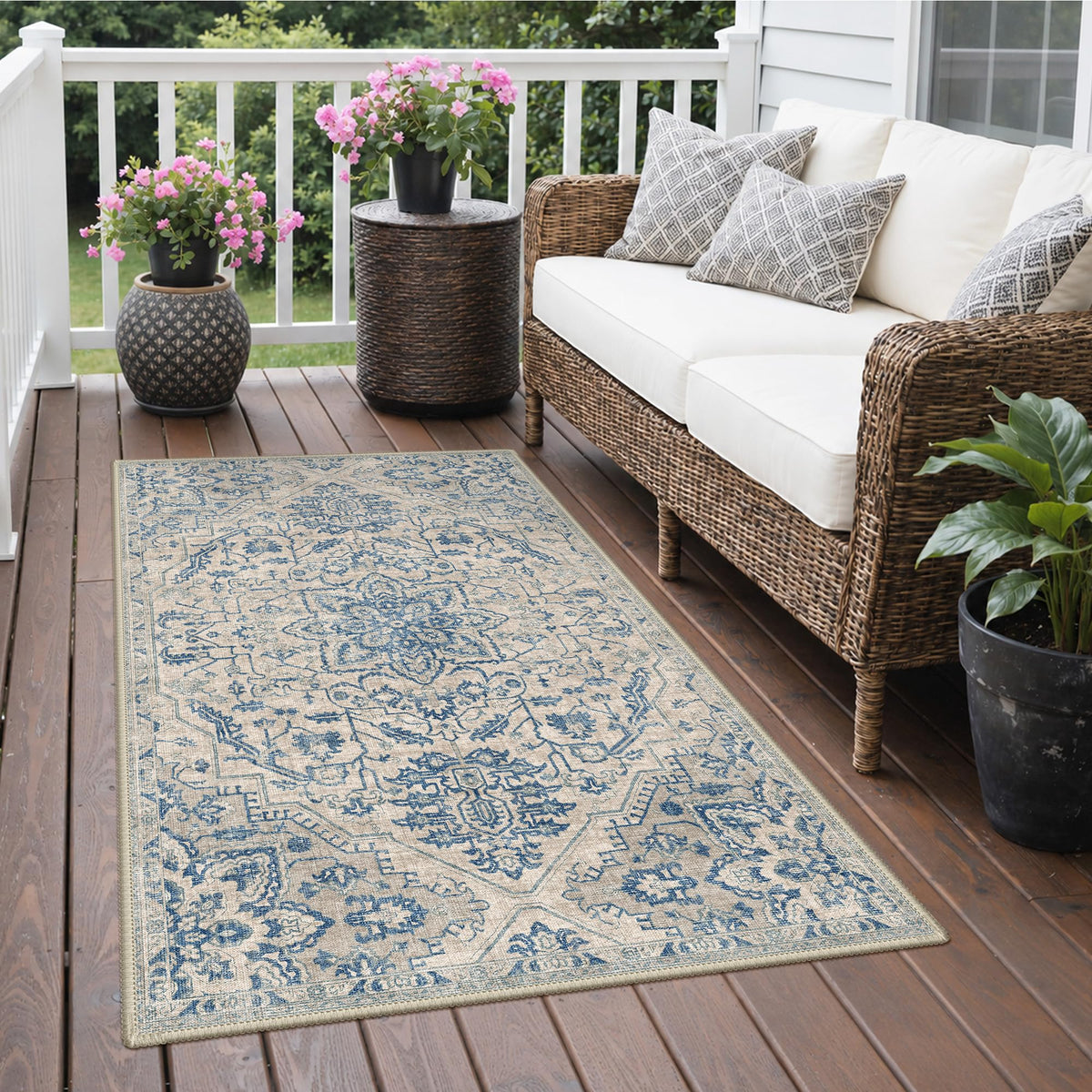 GENIMO 5x8 Outdoor Rug, Washable for Patio and Deck, Navy Blue & Ivory
