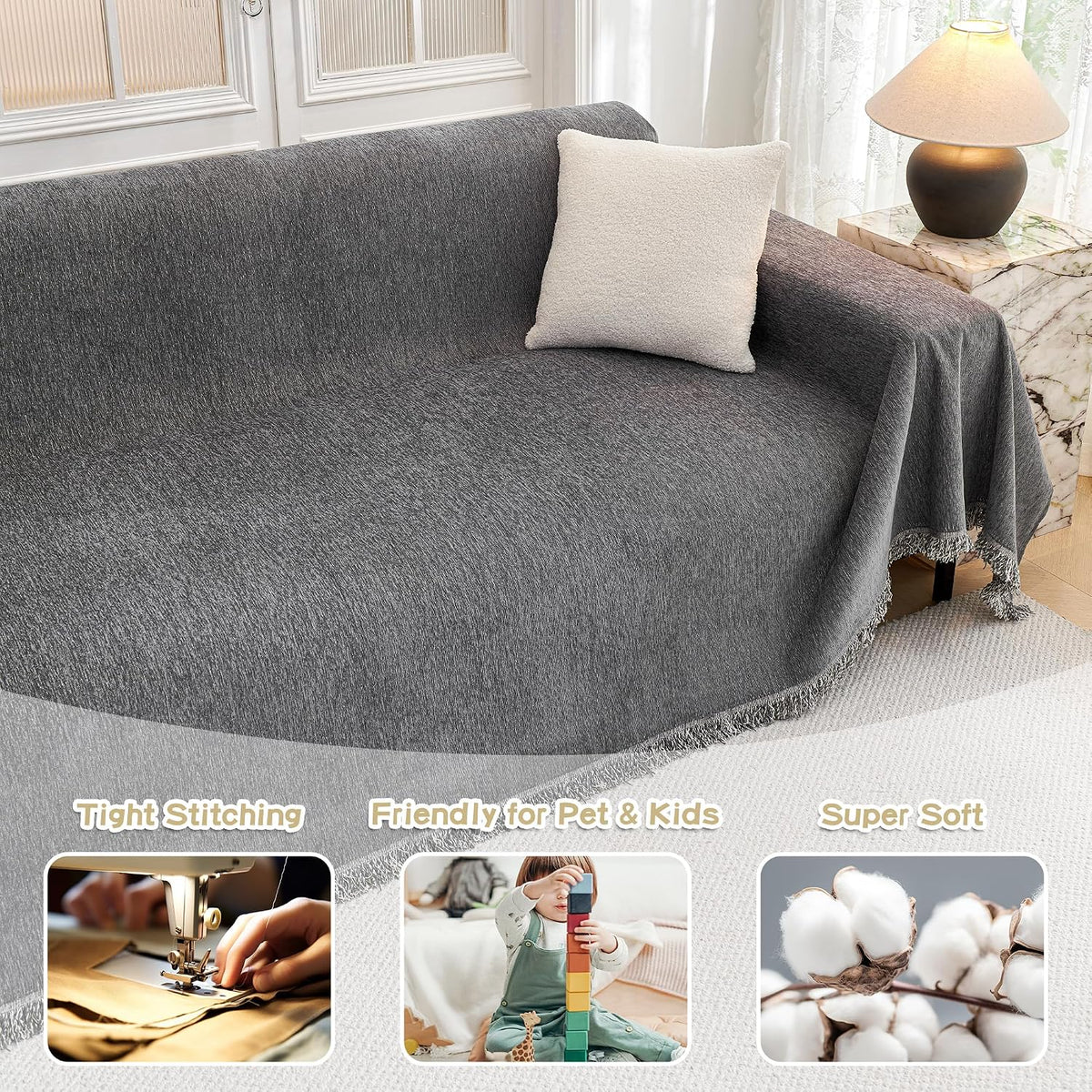 MYSKY HOME Couch Cover for Dogs, Washable Couch Covers, Non Slip Sofa Cover, Couch Cover 2 Cushion Sofa Dogs Furniture Protector with Tassels, Chenille Sofa Slipcover for Pets, 71"x118", Dark Grey