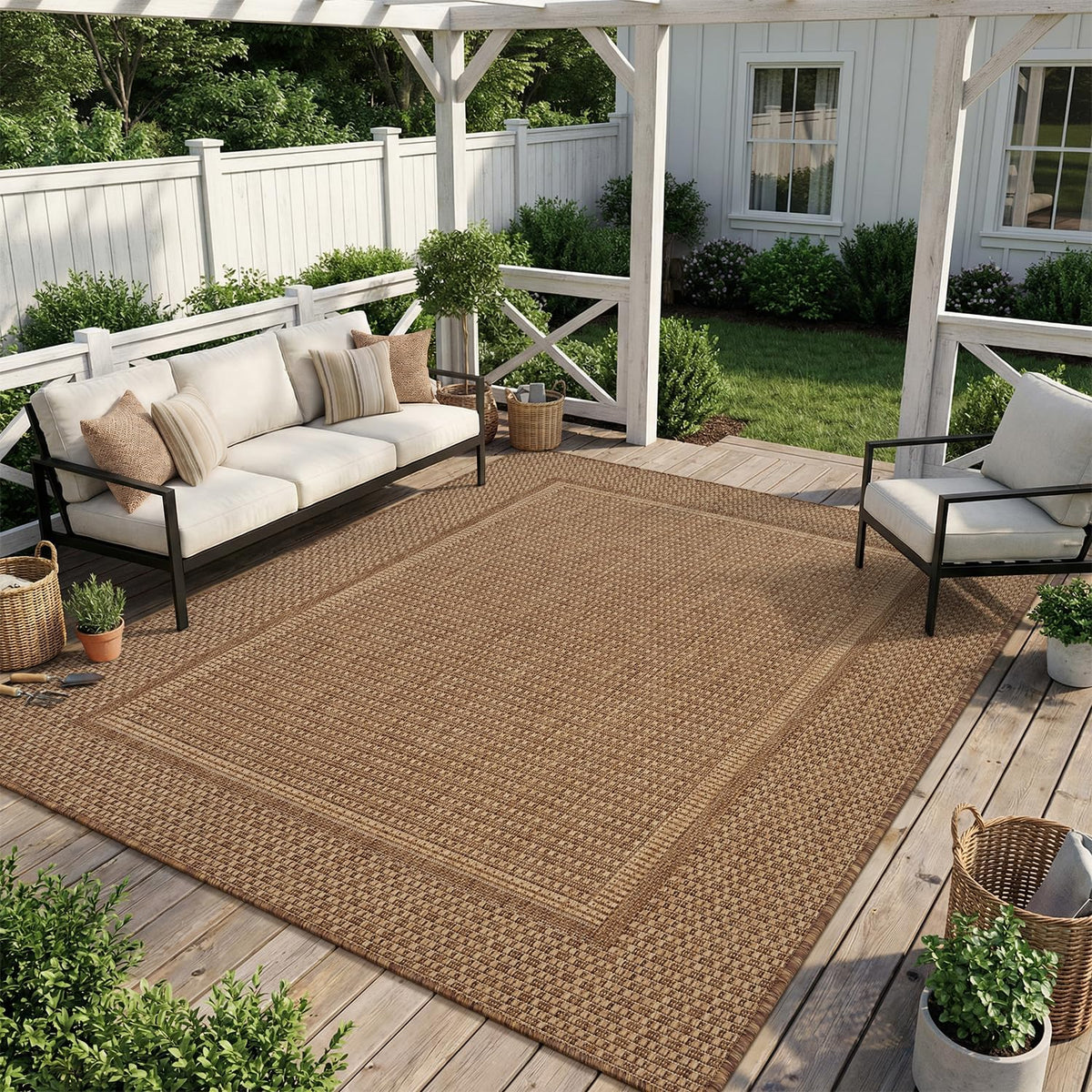 MontVoo-Outdoor Rug-Patio Rug 5x7 ft Polypropylene Indoor Outdoor Rugs Outdoor Carpet for Patio Deck Balcony Porch, Textured Weave, Durable for High Traffic, Fade-Resistant, Modern Neutral Brown
