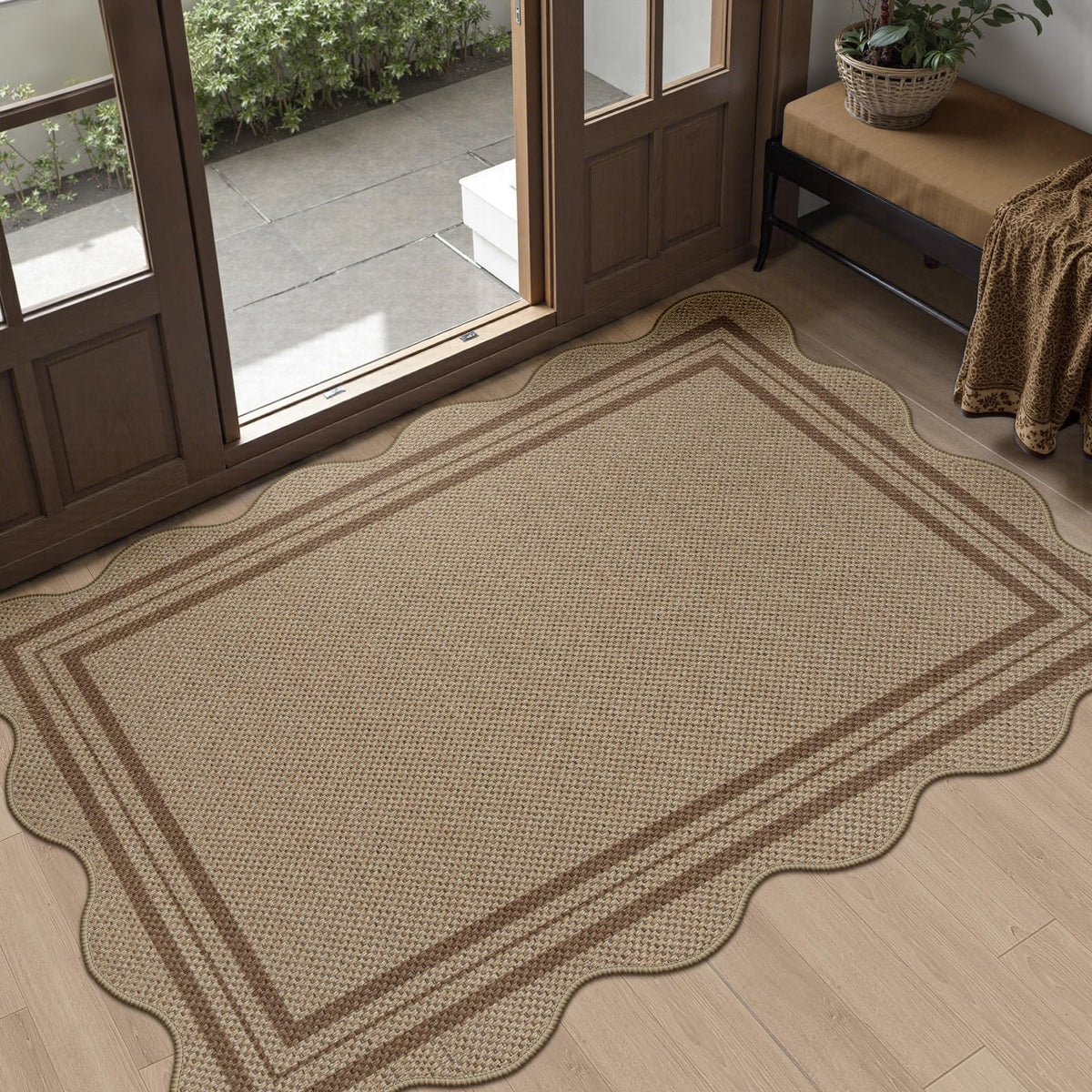Scalloped Easy Jute 3x5 Front Door Mat, Washable Rugs for Entryway Black Outdoor Patio Rug, Farmhouse Neutral Non Slip Indoor Carpet for Porch Backyard