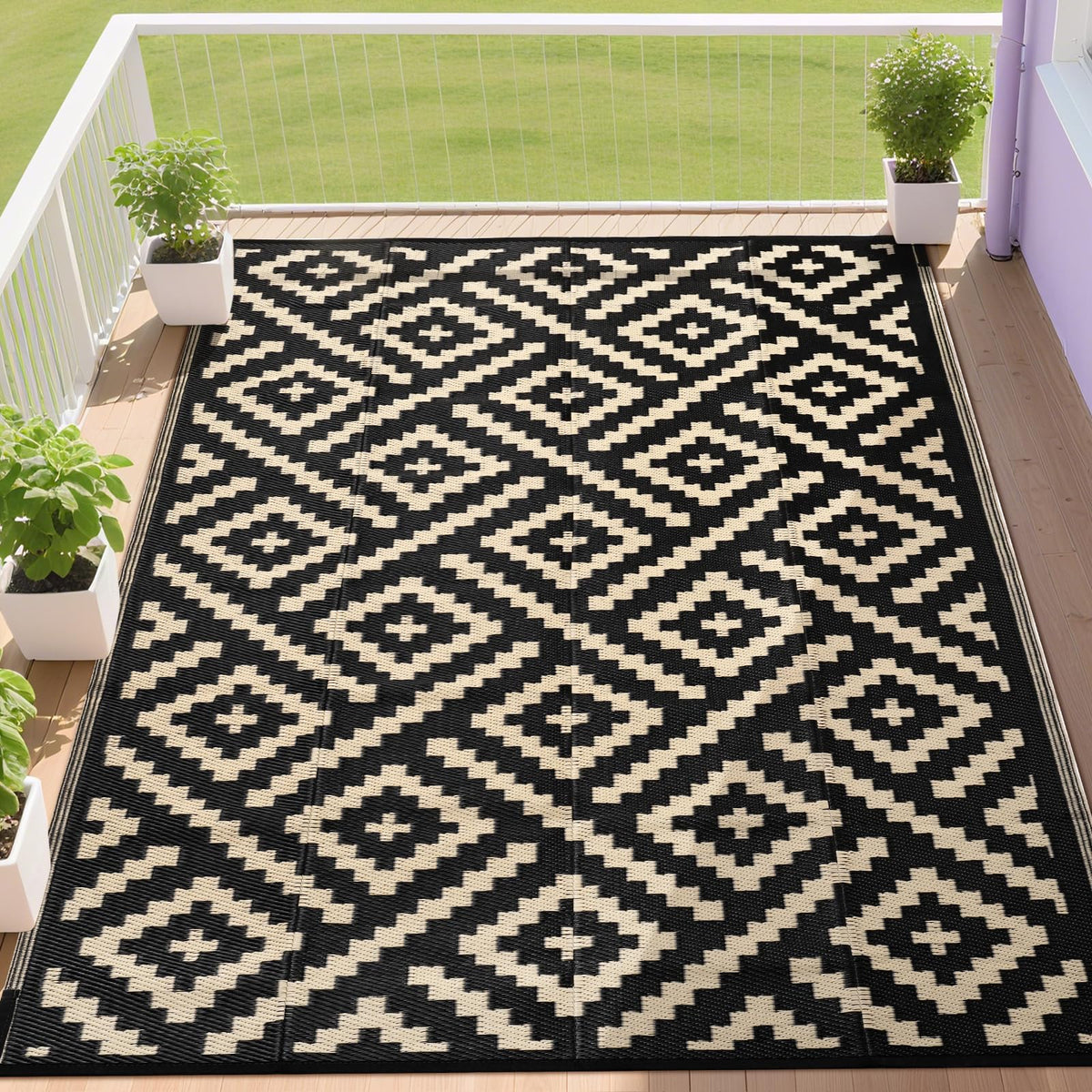 RURALITY Outdoor Rugs 8'x10' Waterproof for Patios Clearance,Plastic Straw Mats for RV, Camping,Backyard,Porch,Deck,Balcony,Reversible,Geometric