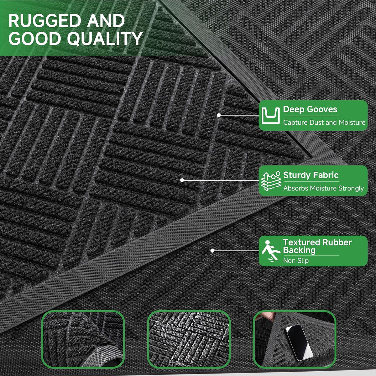 100pointONE Front Door Mat, Heavy Duty Indoor Outdoor Doormat, 60" x 36" Low Profile Outdoor Mats for Home Entrance, Stain and Fade Resistant Welcome Mat Ideal for High Traffic Area, Diamond Black