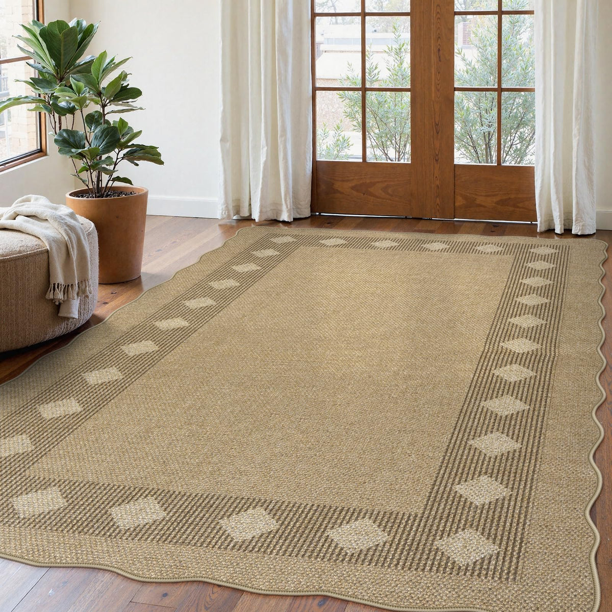 LIVEBOX Scalloped Easy Jute 3x5 Outdoor Rug, Washable Non-Slip Geometric Tan Rugs for Entryway, Indoor Outdoor Farmhouse Rug Modern Carpet Door Mat Area Rug for Patio Bedroom Living Room Kitchen Porch