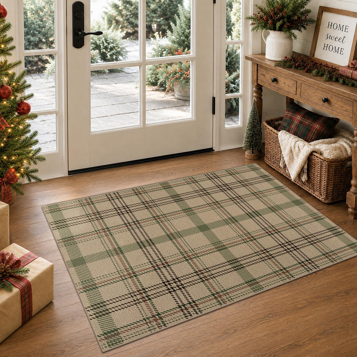 JTJ Easy Jute 3x5 Outdoor Rug for Front Porch, Washable Sage Green Plaid