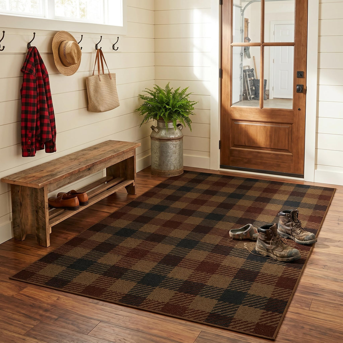 JTJ Easy Jute 3x5 Outdoor Rug for Front Porch, Washable Sage Green Plaid