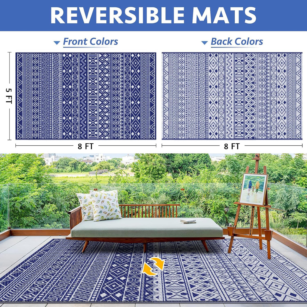 StepLively Outdoor Rug 5x8 ft, Reversible Outdoor Plastic Straw Rugs, Blue