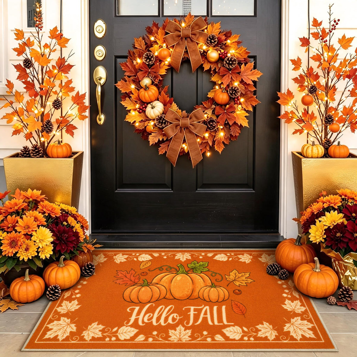 Fall Front Door Mat 3'x5', Hello Pumpkin Welcome Mat for Porch Rugs