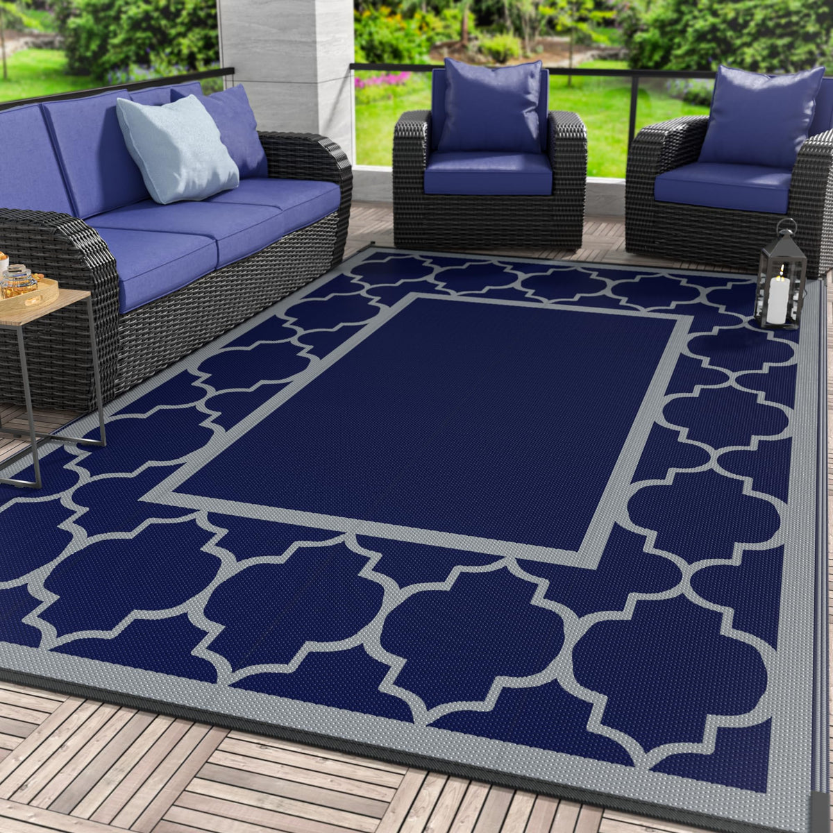 GENIMO Outdoor Rug, Waterproof Plastic Rugs for Patio, 5'x8' Blue White