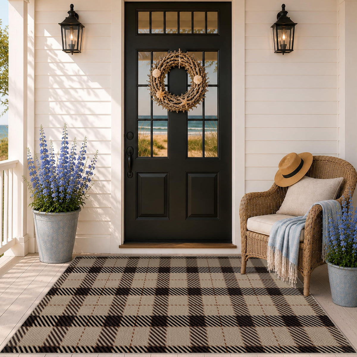 JTJ Easy Jute 3x5 Outdoor Rug for Front Porch, Washable Sage Green Plaid