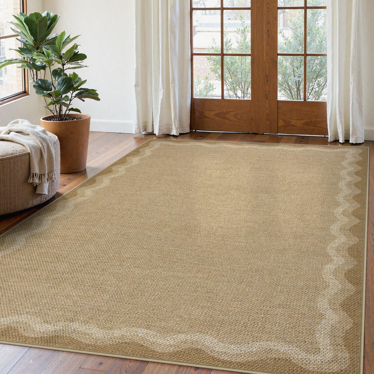 LIVEBOX Scalloped Easy Jute 3x5 Outdoor Rug, Washable Non-Slip Geometric Tan Rugs for Entryway, Indoor Outdoor Farmhouse Rug Modern Carpet Door Mat Area Rug for Patio Bedroom Living Room Kitchen Porch