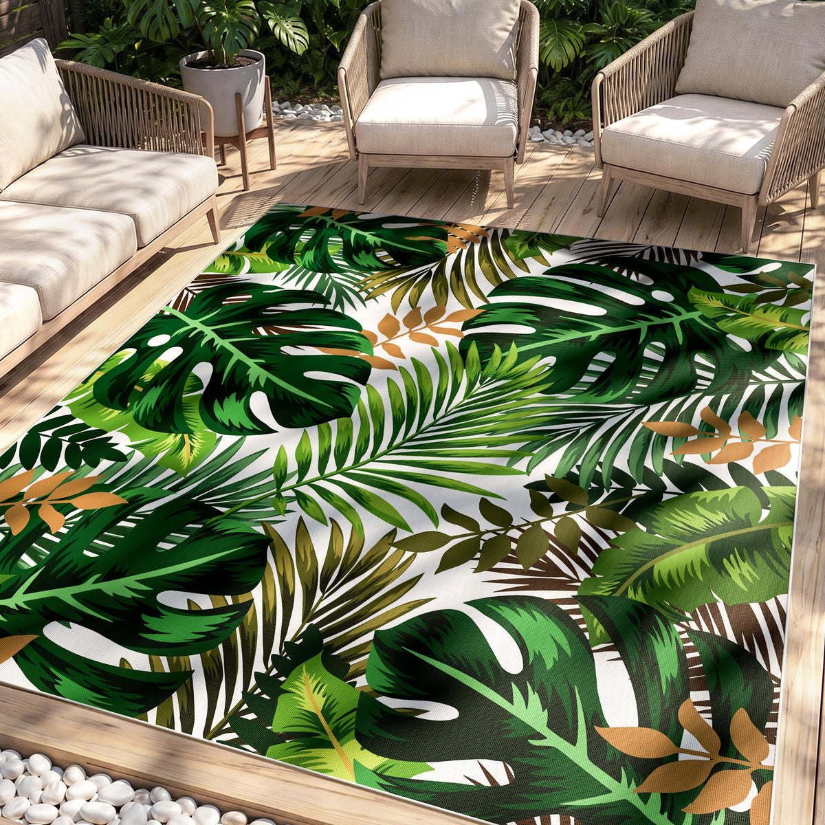 Arenarug 8x10 Monstera Tropical Outdoor Rug Waterproof, Colorful