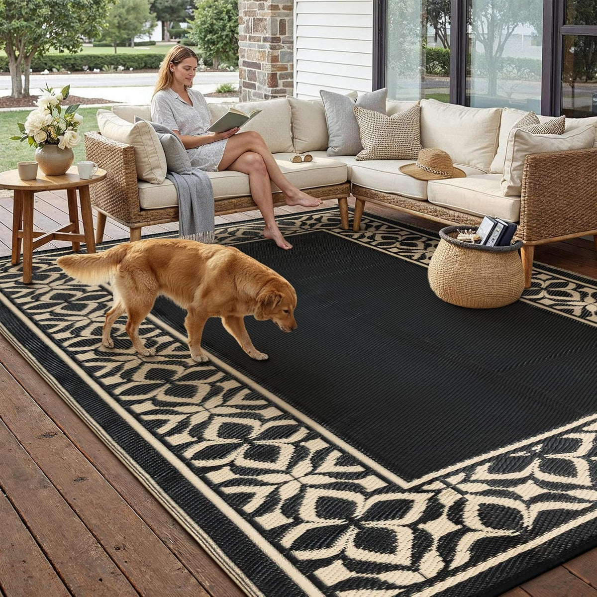 PureCozy 10x14 Outdoor Rug Black Beige Geometric