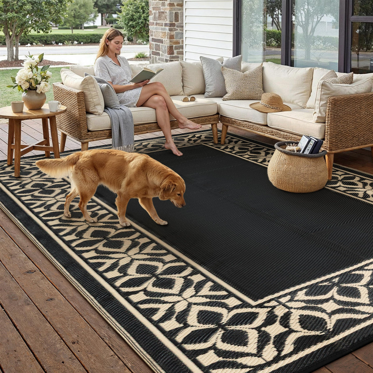 PureCozy 10x14 Outdoor Rug Black Beige Geometric