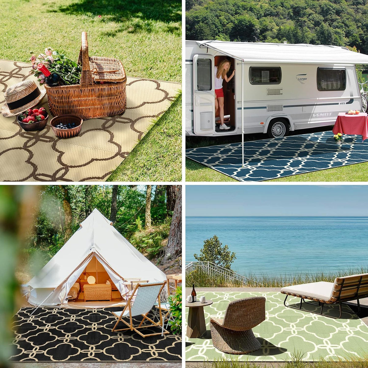 Ashler Sage Green Outdoor Plastic Straw Rug Waterproof for Patio, Clearance Reversible Camping Mats, 9x12 Large Outdoor Area Rugs with Carrying Bag, for RV, Picnic, Backyard, Indoor