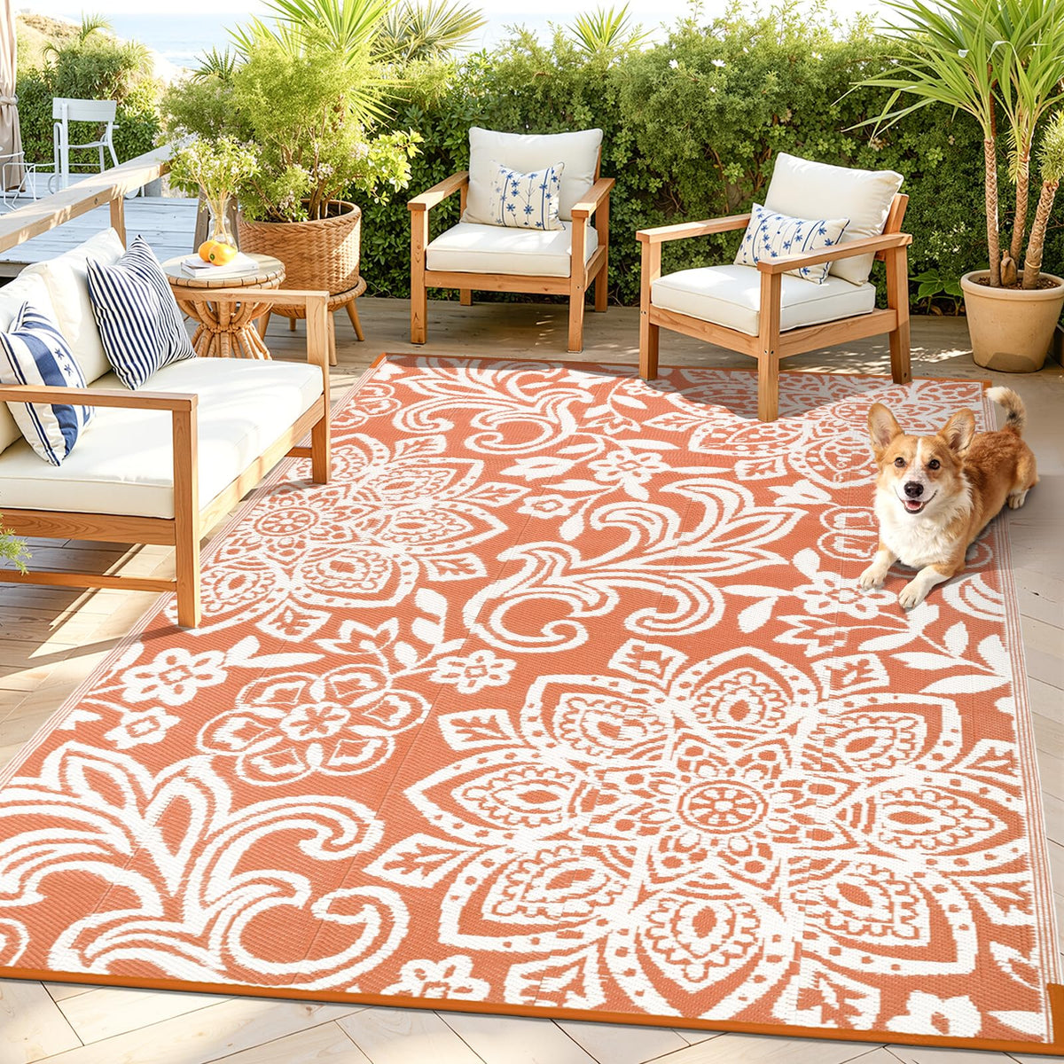 Findosom Waterproof Outdoor Rug 6' x 9' - Reversible Mandala Outdoor Plastic Straw Rug, Durable Foldable Patio Rug for RV, Deck, Balcony, Backyard, Picnic, Porch, Camping, Beach, Gray