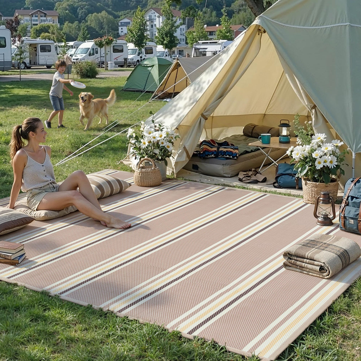 PureCozy 10x14 Outdoor Rug Black Beige Geometric
