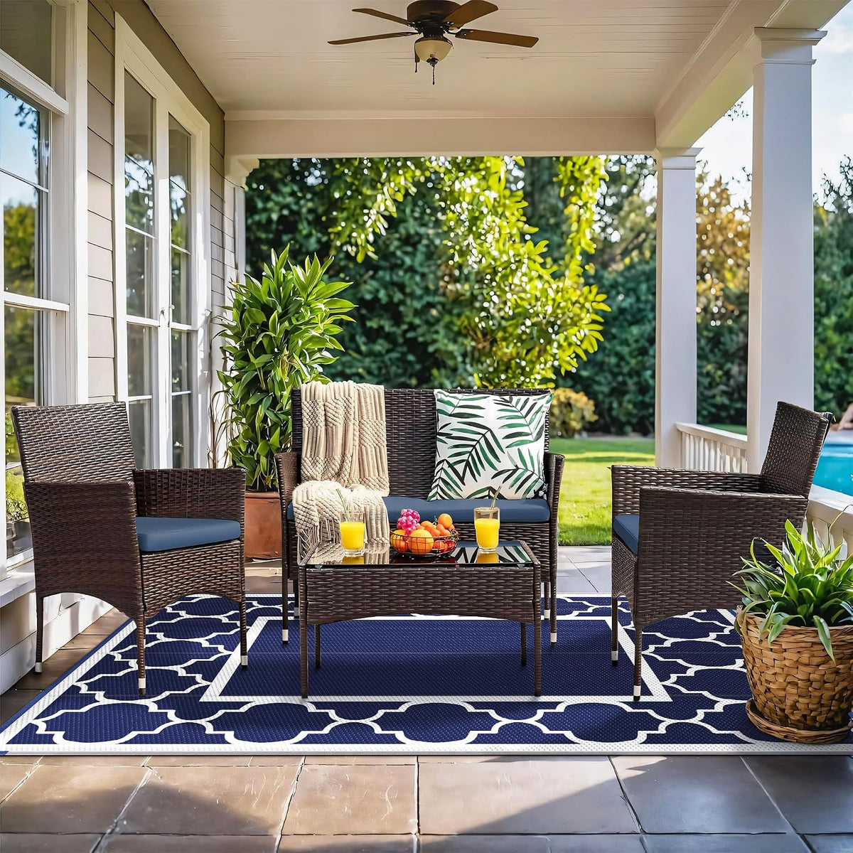 GENIMO Outdoor Rug, Waterproof Plastic Rugs for Patio, 5'x8' Blue White