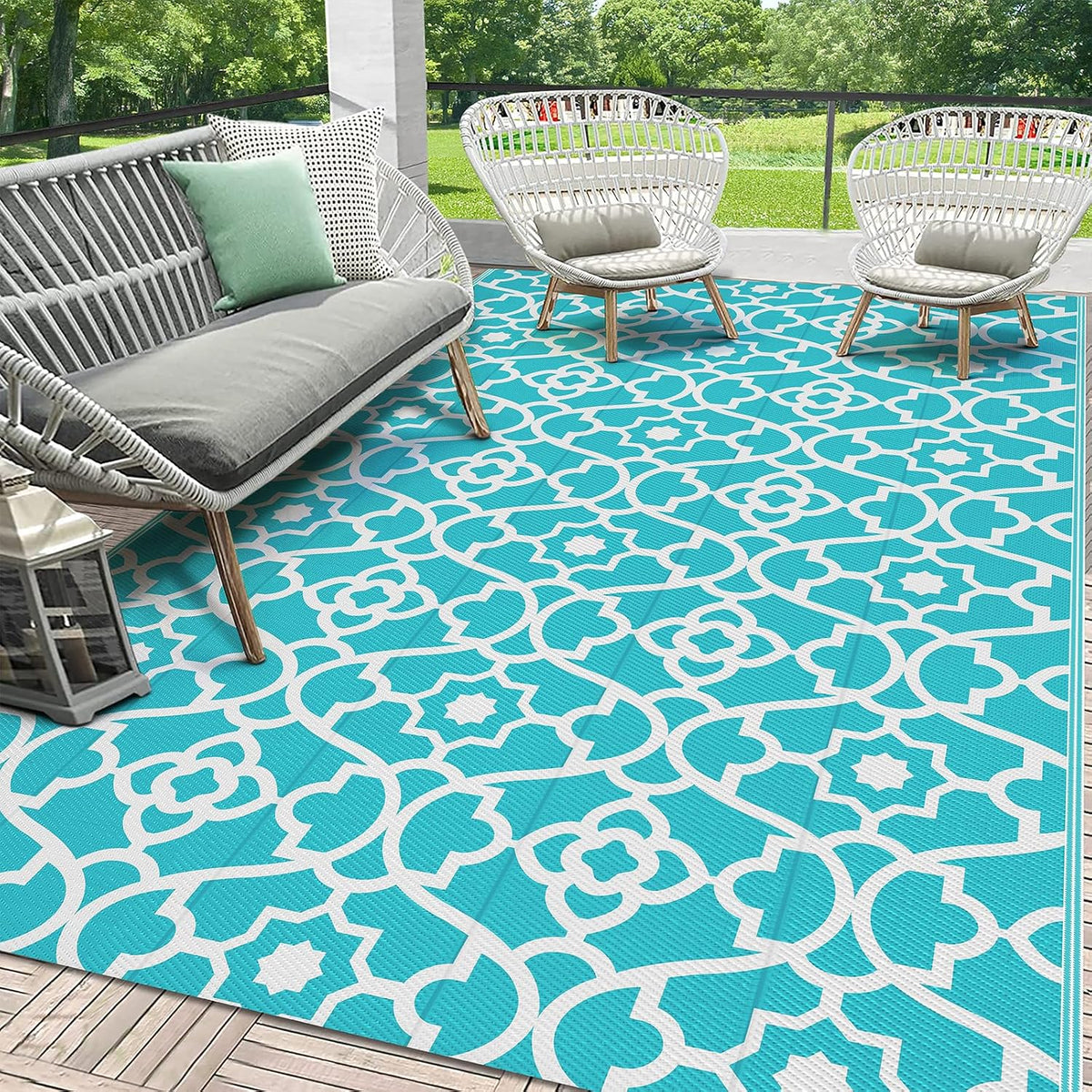 HEBE Waterproof Outdoor Rug 5'x8', Geometric Reversible Plastic Patio Rug