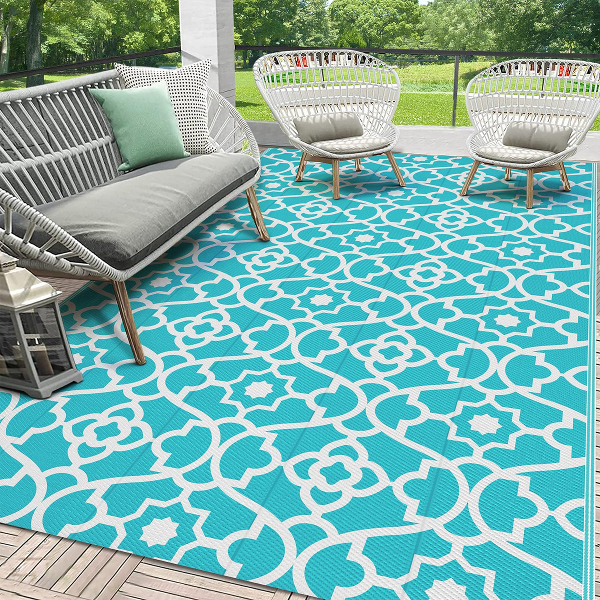 HEBE Waterproof Outdoor Rug 5'x8', Geometric Reversible Plastic Patio Rug