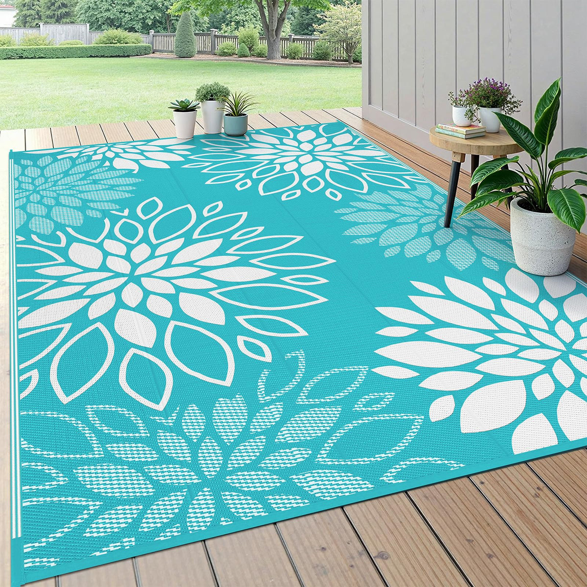 HEBE Waterproof Outdoor Rug 5'x8', Geometric Reversible Plastic Patio Rug