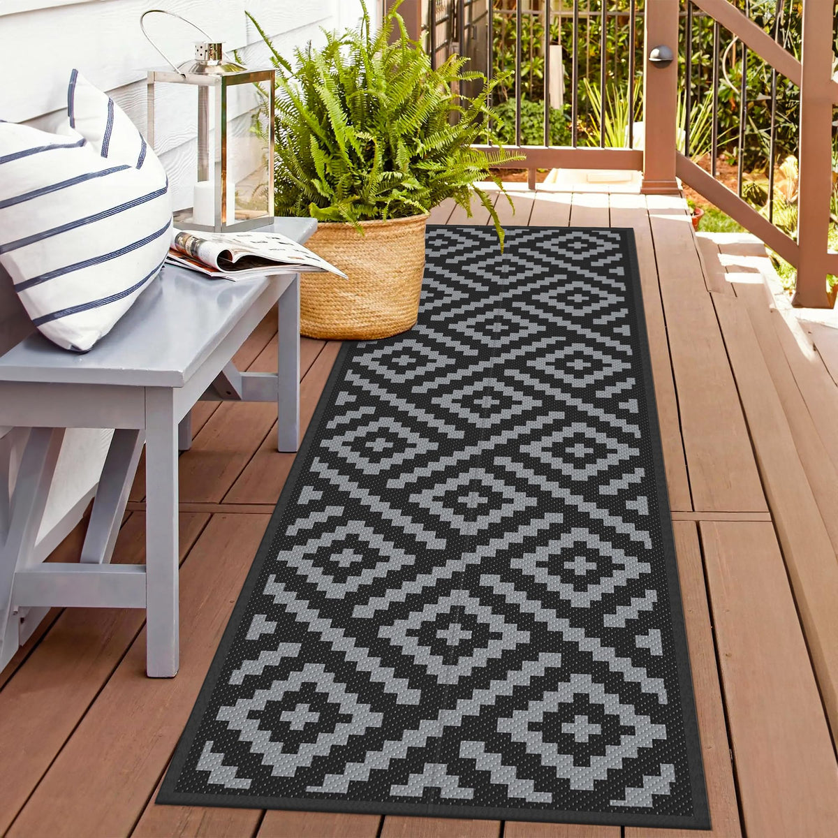 GENIMO Outdoor Rug, Waterproof Plastic Rugs for Patio, 5'x8' Black Grey