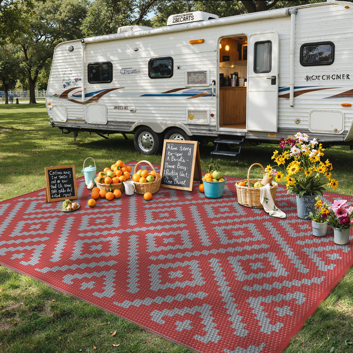 GENIMO Outdoor Rug, Waterproof Plastic Rugs for Patio, 5'x8' Black Grey