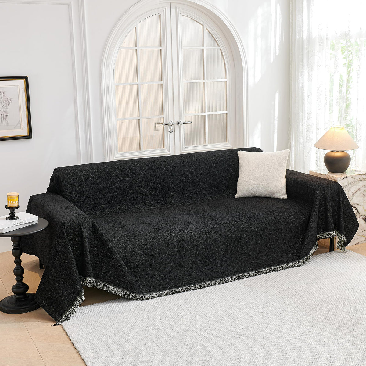MYSKY HOME Couch Cover for Dogs, Washable Couch Covers, Non Slip Sofa Cover, Couch Cover 2 Cushion Sofa Dogs Furniture Protector with Tassels, Chenille Sofa Slipcover for Pets, 71"x118", Dark Grey