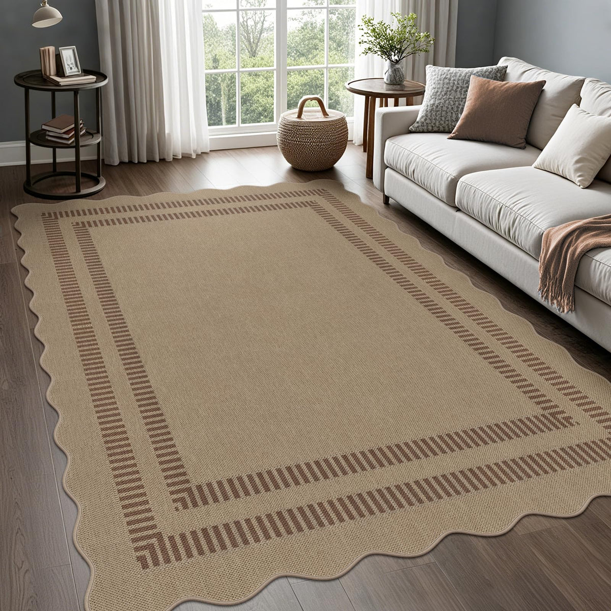 Scalloped Easy Jute 3x5 Front Door Mat, Washable Rugs for Entryway Black Outdoor Patio Rug, Farmhouse Neutral Non Slip Indoor Carpet for Porch Backyard