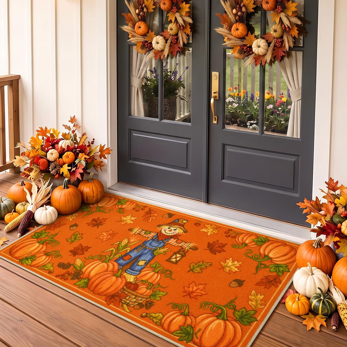 Fall Front Door Mat 3'x5', Hello Pumpkin Welcome Mat for Porch Rugs