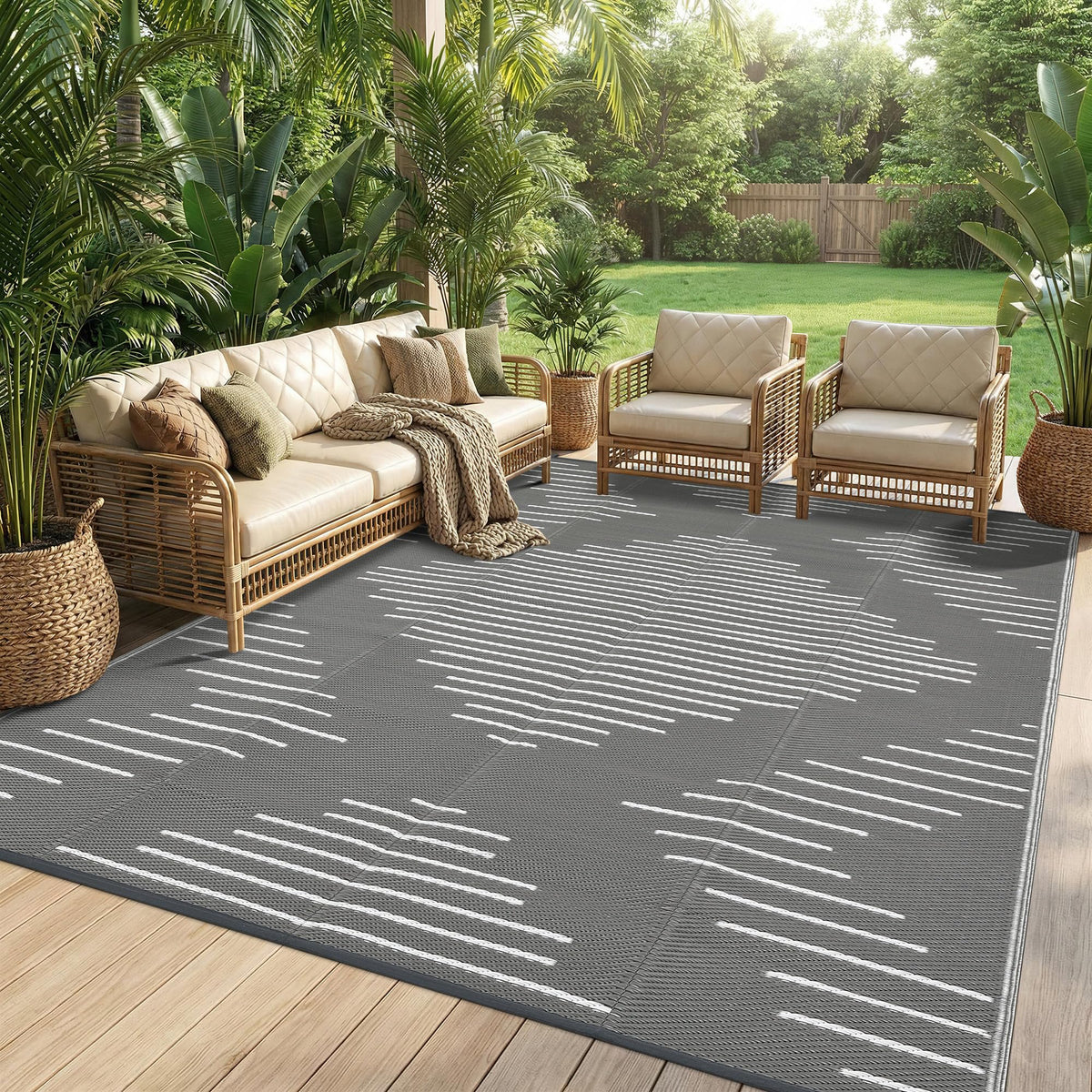 Garvee 10x14 Outdoor Rugs Waterproof for Patio Grey White