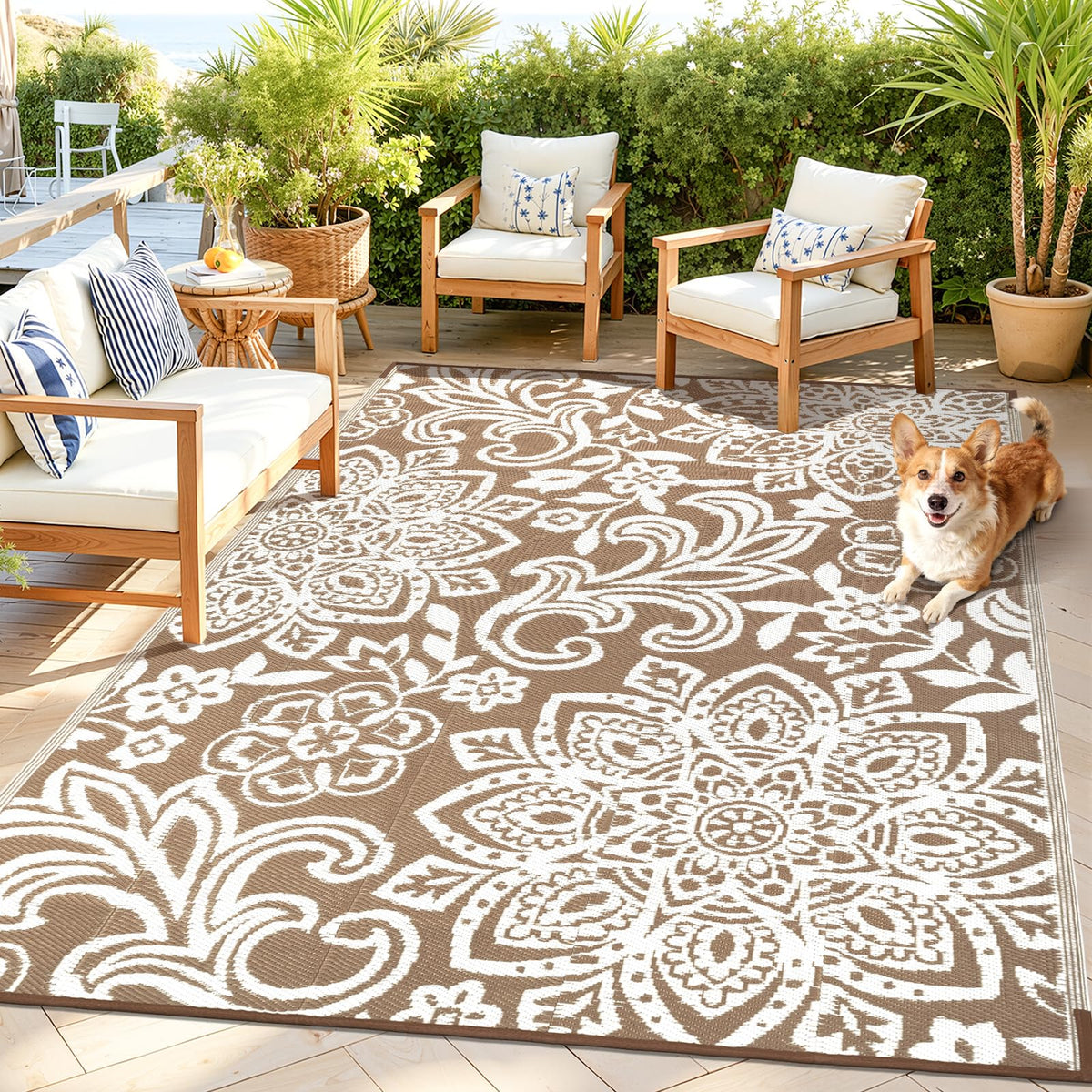 Findosom Waterproof Outdoor Rug 6' x 9' - Reversible Mandala Outdoor Plastic Straw Rug, Durable Foldable Patio Rug for RV, Deck, Balcony, Backyard, Picnic, Porch, Camping, Beach, Gray