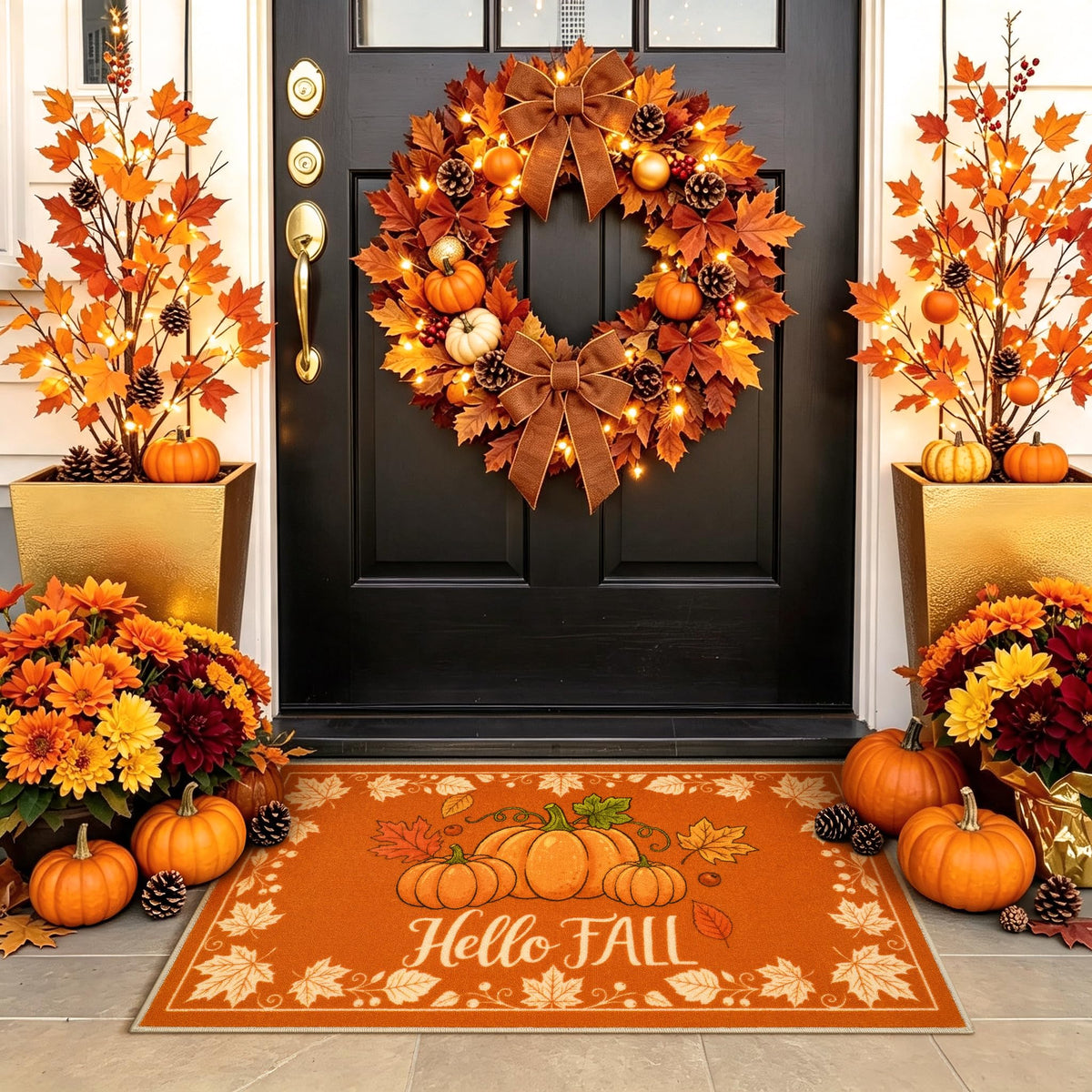 Fall Front Door Mat 3'x5', Hello Pumpkin Welcome Mat for Porch Rugs