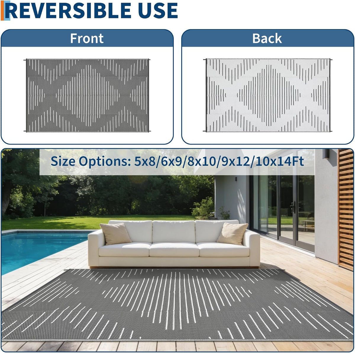 Garvee 10x14 Outdoor Rugs Waterproof for Patio Grey White