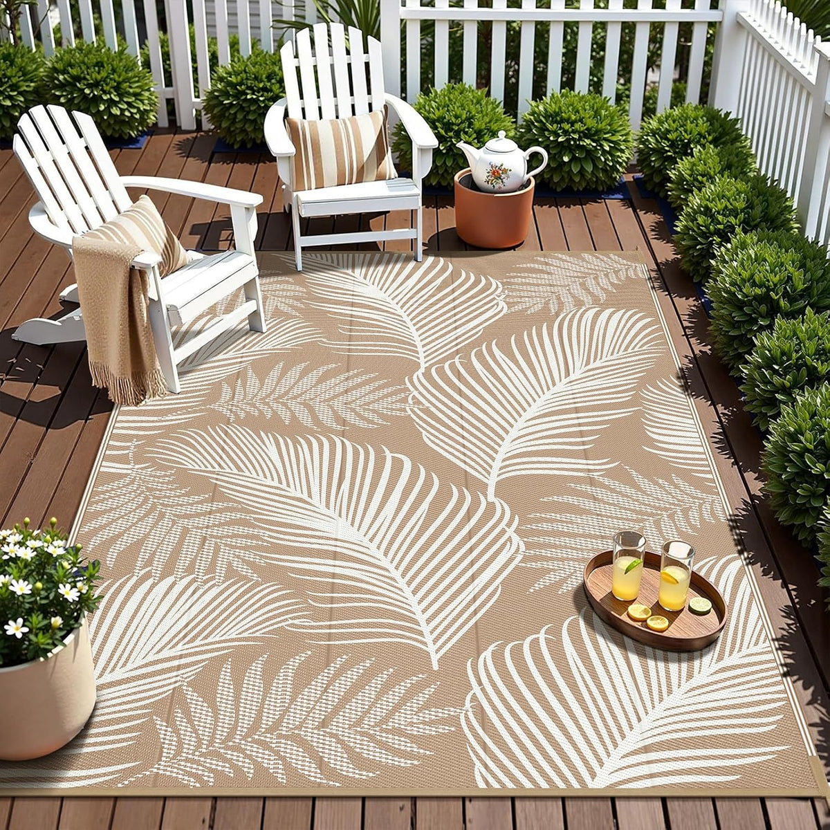 Pauwer Waterproof Outdoor Rug 5x8, Plastic Straw Patio Rug, Leaf Brown