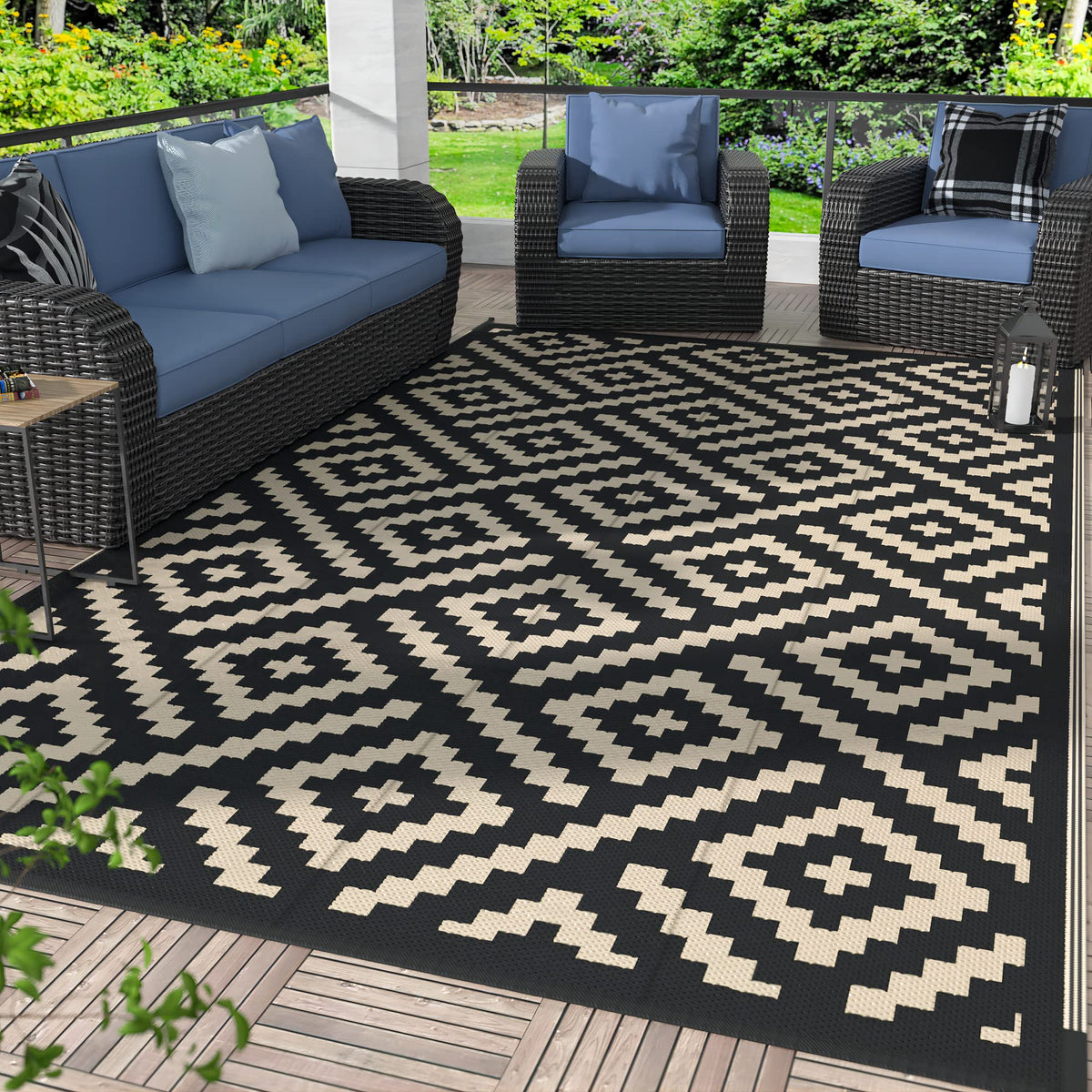 GENIMO Outdoor Rug, Waterproof Plastic Rugs for Patio, 5'x8' Black Grey
