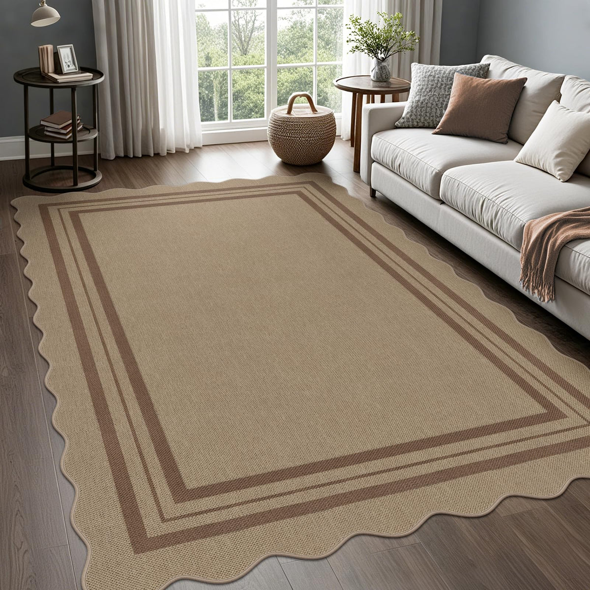 Scalloped Easy Jute 3x5 Front Door Mat, Washable Rugs for Entryway Black Outdoor Patio Rug, Farmhouse Neutral Non Slip Indoor Carpet for Porch Backyard
