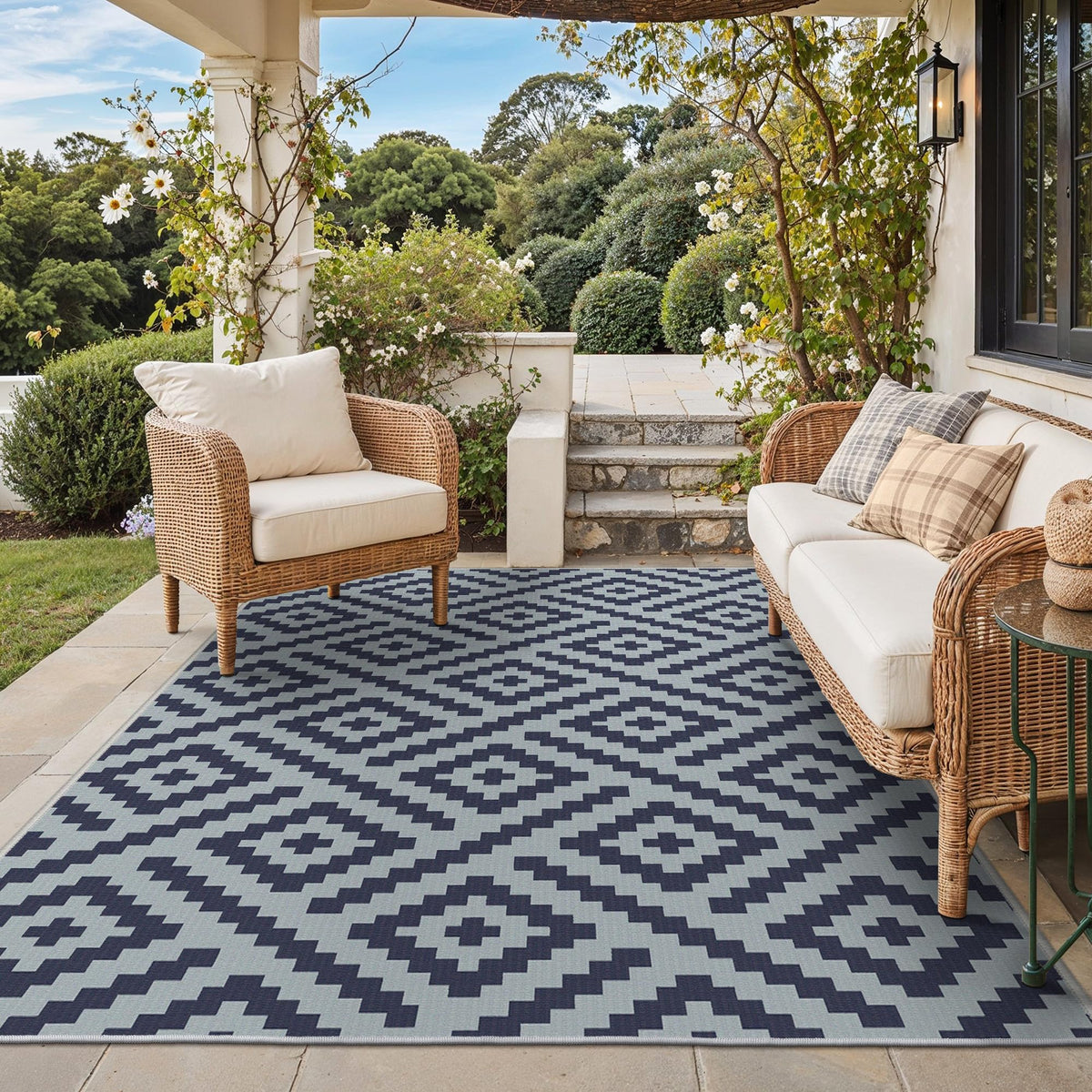 GENIMO Outdoor Rug, Waterproof Plastic Rugs for Patio, 5'x8' Black Grey