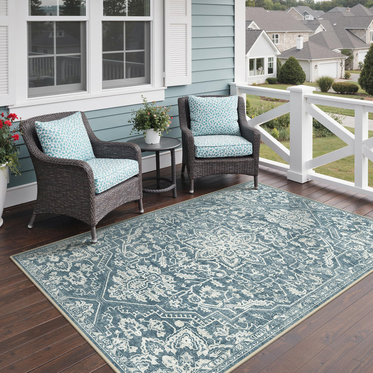GENIMO 5x8 Outdoor Rug, Washable for Patio and Deck, Navy Blue & Ivory