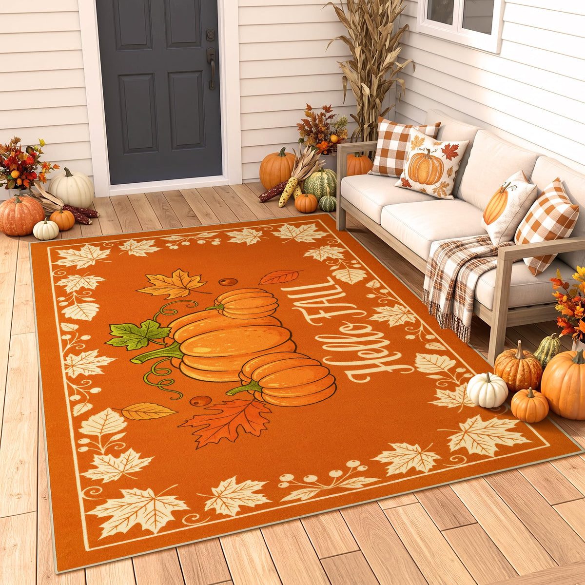 Fall Front Door Mat 3'x5', Hello Pumpkin Welcome Mat for Porch Rugs